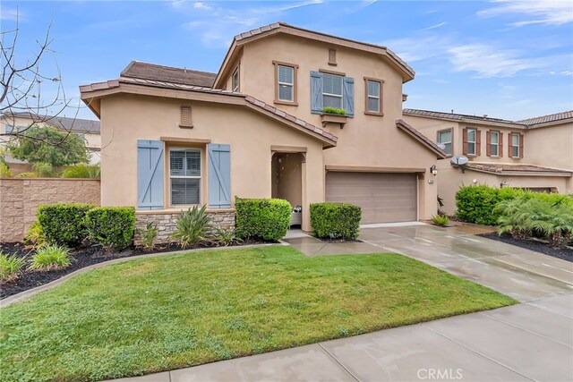 25889 Basil Ct, Corona, CA 92883 - view of front of property with a garage, driveway, stucco siding, and a front yard