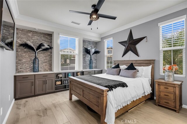 25889 Basil Ct, Corona, CA 92883 - bedroom featuring light wood finished floors, multiple windows, ornamental molding, and ceiling fan