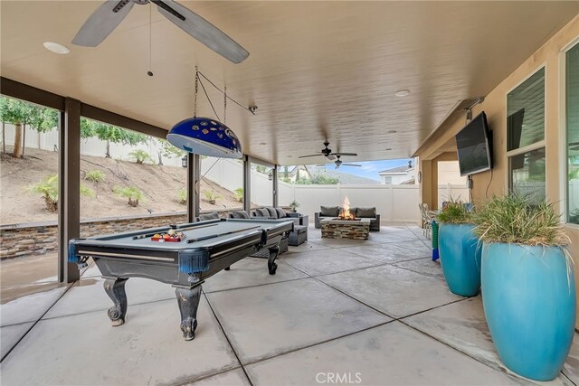 25889 Basil Ct, Corona, CA 92883 - view of patio with a fire pit, ceiling fan, and fence