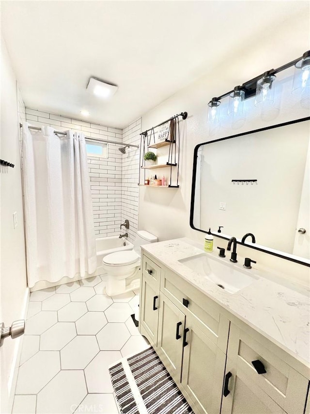 82 Avalon Terrace Rd, Avalon, CA 90704 - bathroom featuring tile patterned floors, toilet, vanity, and shower / bathtub combination with curtain