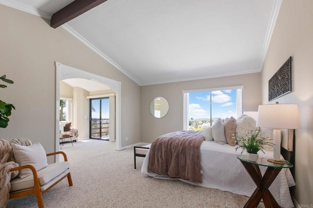 carpeted bedroom featuring baseboards, ornamental molding, multiple windows, and vaulted ceiling with beams