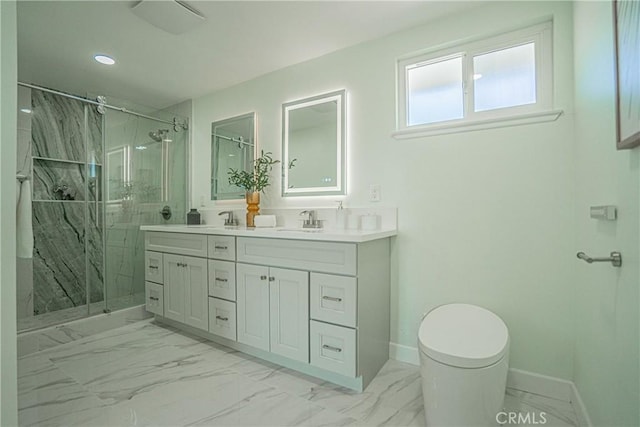 full bath with a marble finish shower, a sink, double vanity, baseboards, and marble finish floor