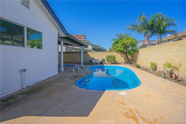 view of swimming pool featuring a fenced in pool, a fenced backyard, and a patio