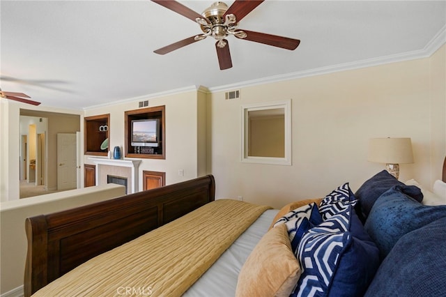20904 Parkside, Lake Forest, CA 92630 - bedroom with ornamental molding, ceiling fan, and a fireplace