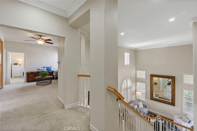 20904 Parkside, Lake Forest, CA 92630 - corridor with an upstairs landing, carpet floors, crown molding, baseboards, and recessed lighting