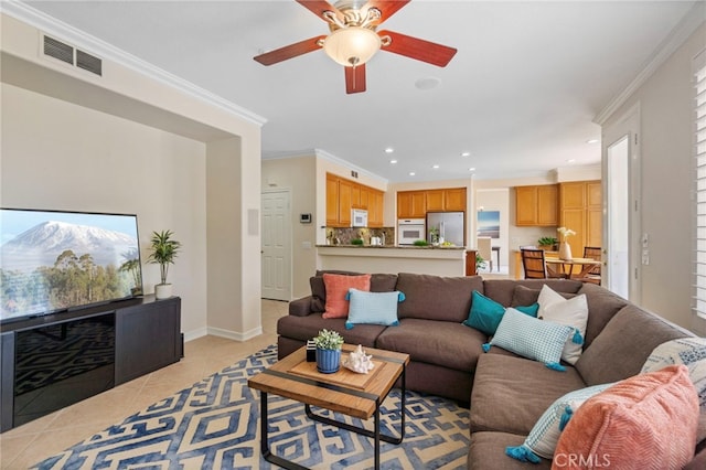 20904 Parkside, Lake Forest, CA 92630 - living room featuring recessed lighting, light tile patterned flooring, ceiling fan, ornamental molding, and baseboards