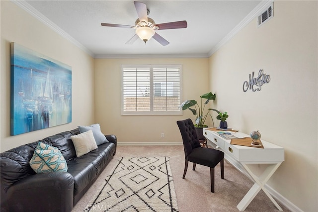 20904 Parkside, Lake Forest, CA 92630 - carpeted office featuring ornamental molding, a ceiling fan, and baseboards