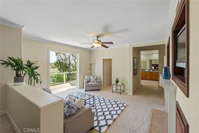 20904 Parkside, Lake Forest, CA 92630 - living area featuring light carpet, a ceiling fan, crown molding, and baseboards