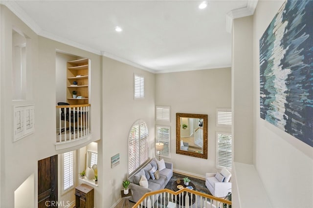20904 Parkside, Lake Forest, CA 92630 - living room featuring baseboards, crown molding, recessed lighting, and a high ceiling