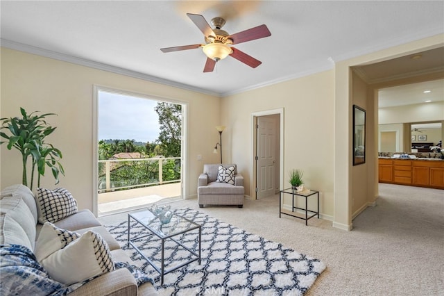 20904 Parkside, Lake Forest, CA 92630 - living area with light colored carpet, a ceiling fan, crown molding, and baseboards