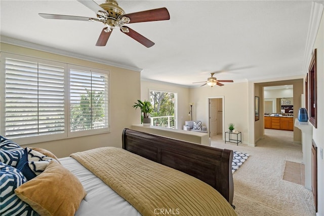20904 Parkside, Lake Forest, CA 92630 - bedroom with light colored carpet, ornamental molding, a ceiling fan, ensuite bath, and baseboards