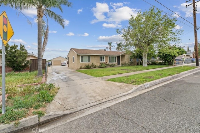 9614 Cypress Ave, Fontana, CA 92335 - ranch-style house with an outdoor structure, a detached garage, stucco siding, and concrete driveway