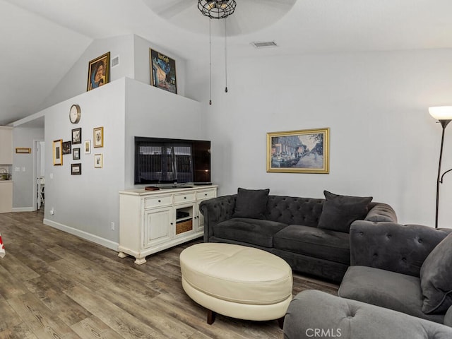 41187 Via Cedro, Murrieta, CA 92562 - living room with a ceiling fan, lofted ceiling, wood finished floors, and baseboards