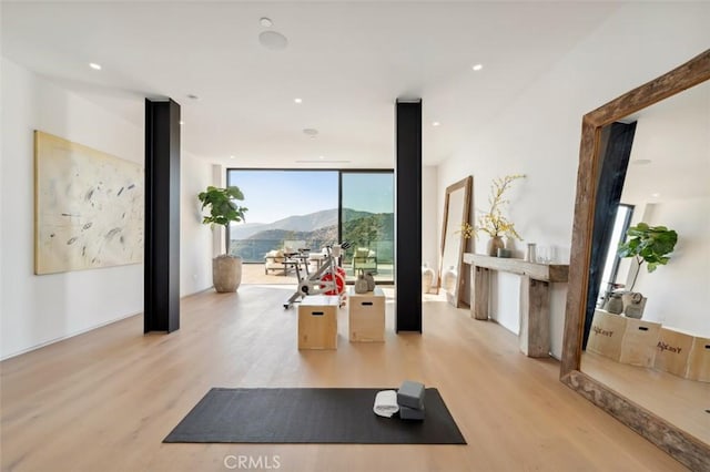 interior space with a mountain view