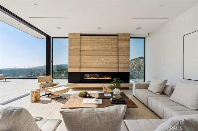 living area with expansive windows, wood finished floors, a mountain view, and a fireplace