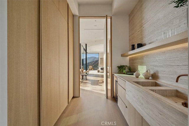 interior space with light wood-style flooring, a sink, modern cabinets, open shelves, and light countertops