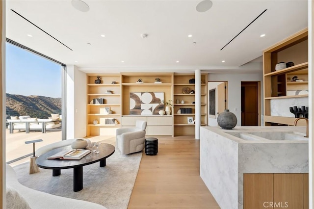 interior space with light wood-style flooring, a mountain view, recessed lighting, built in shelves, and expansive windows