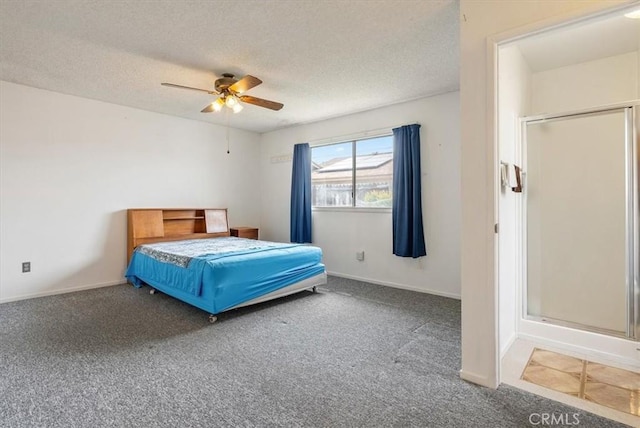 carpeted bedroom with baseboards, a textured ceiling, and ceiling fan