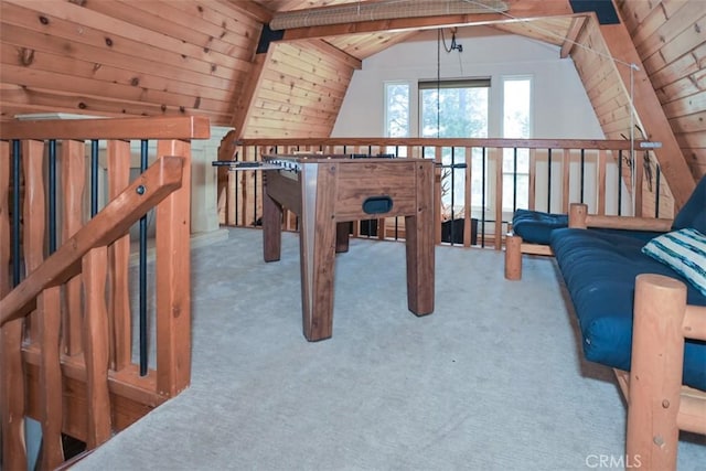 game room featuring lofted ceiling with beams, wooden ceiling, and carpet floors