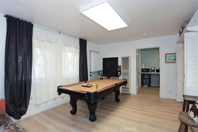 game room with baseboards, light wood-style floors, and billiards