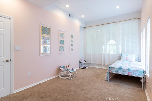 bedroom featuring visible vents, recessed lighting, carpet, and baseboards