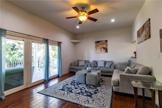 living room featuring a ceiling fan, recessed lighting, and hardwood / wood-style floors