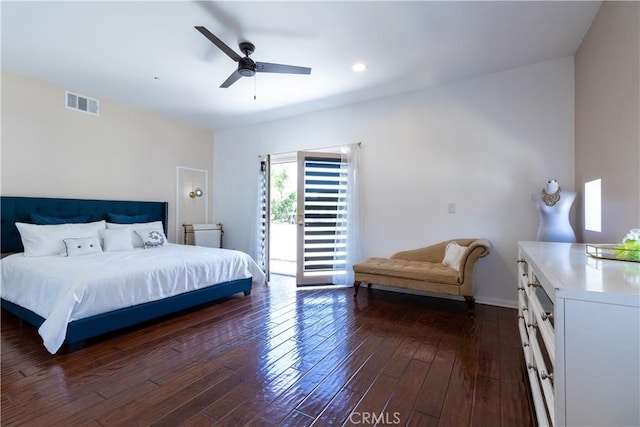 bedroom featuring visible vents, baseboards, ceiling fan, dark wood-type flooring, and access to outside