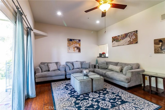 living area featuring visible vents, recessed lighting, ceiling fan, and hardwood / wood-style floors