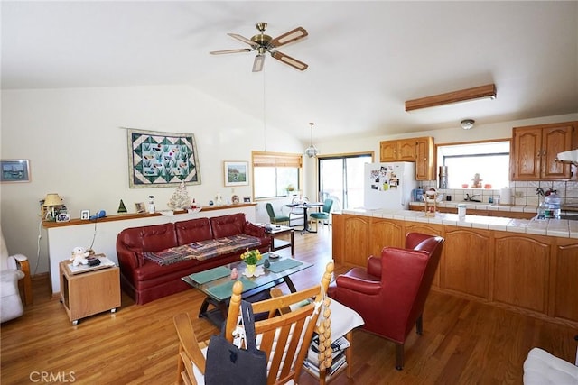 1612 Linden Dr, Pine Mountain Club, CA 93222 - living area with light wood finished floors, vaulted ceiling, and ceiling fan