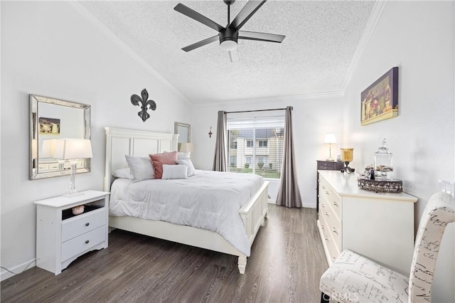5879 Portsmouth Rd Unit 250, Yorba Linda, CA 92887 - bedroom featuring a ceiling fan, crown molding, wood finished floors, a textured ceiling, and lofted ceiling