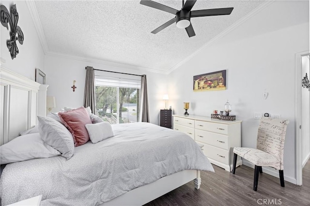 5879 Portsmouth Rd Unit 250, Yorba Linda, CA 92887 - bedroom featuring dark wood-style floors, a textured ceiling, vaulted ceiling, a ceiling fan, and crown molding