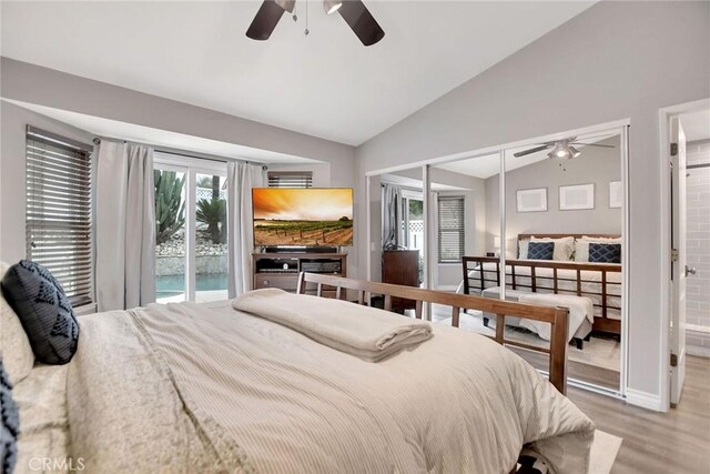 10830 Sundance Dr, Rancho Cucamonga, CA 91730 - bedroom with vaulted ceiling, wood finished floors, baseboards, access to outside, and ceiling fan