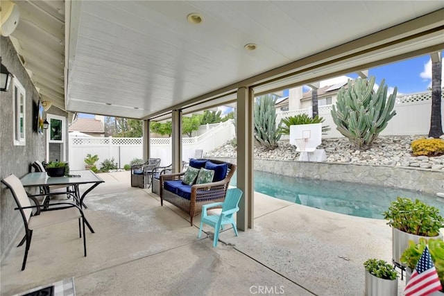 10830 Sundance Dr, Rancho Cucamonga, CA 91730 - view of patio featuring an outdoor hangout area, a fenced in pool, and a fenced backyard