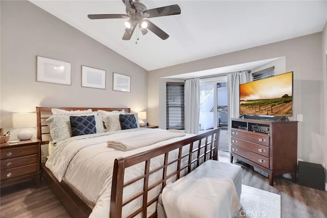 10830 Sundance Dr, Rancho Cucamonga, CA 91730 - bedroom with ceiling fan, lofted ceiling, wood finished floors, and access to exterior