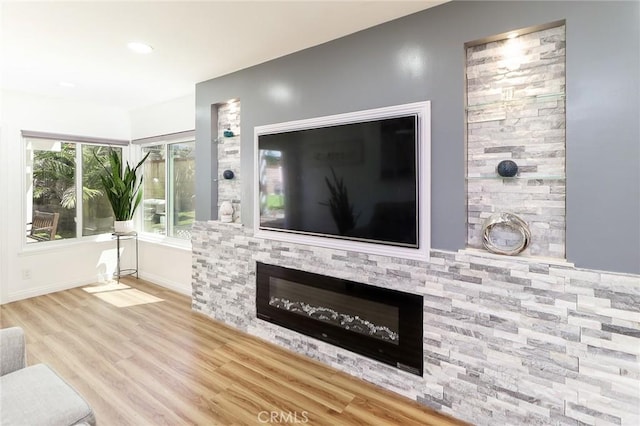 8288 Mercury Dr, Buena Park, CA 90620 - living room featuring wood finished floors, a fireplace, recessed lighting, and baseboards