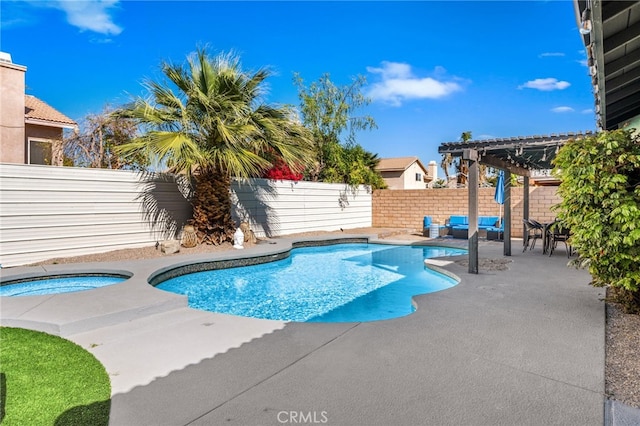 view of pool featuring a pergola, a patio area, a fenced backyard, and an in ground hot tub