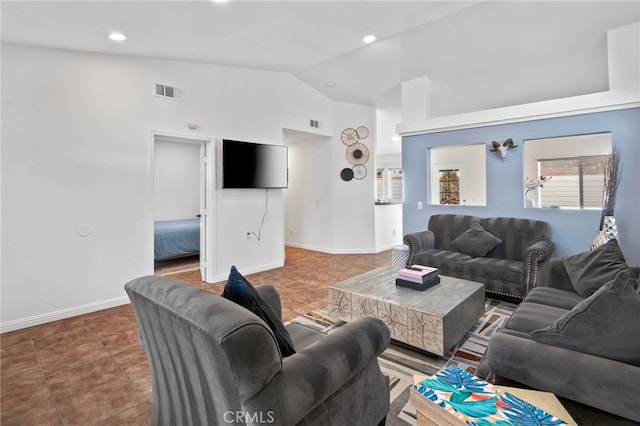 living room with recessed lighting, high vaulted ceiling, visible vents, and baseboards