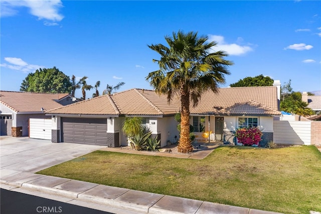 ranch-style house with a tiled roof, a front lawn, concrete driveway, stucco siding, and a garage