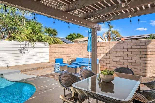 view of patio / terrace with fence, a pergola, a fenced in pool, and outdoor dining space