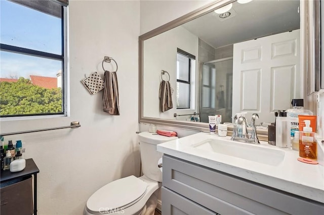 bathroom with a shower stall, toilet, and vanity