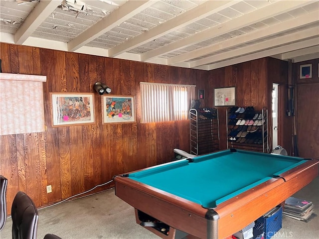 1423 S Poinsettia Ave, Compton, CA 90221 - game room featuring wooden walls, carpet flooring, beam ceiling, and billiards table