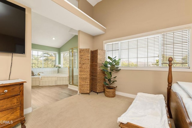 2210 Via Loma, Camarillo, CA 93012 - full bath with a bath, a shower with shower door, lofted ceiling, and vanity