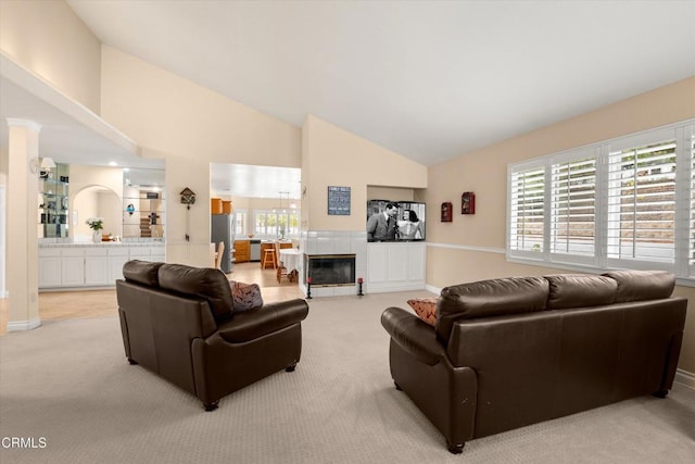 2210 Via Loma, Camarillo, CA 93012 - living room with carpet flooring, high vaulted ceiling, and a fireplace