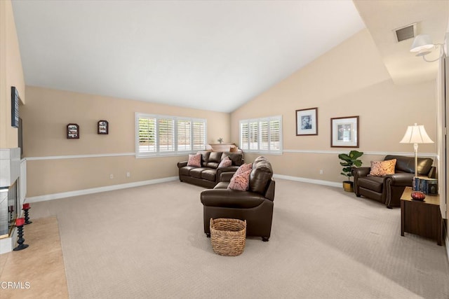 2210 Via Loma, Camarillo, CA 93012 - carpeted living area with baseboards and high vaulted ceiling