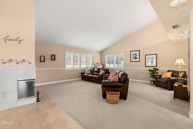 2210 Via Loma, Camarillo, CA 93012 - carpeted living room with a tile fireplace, tile patterned floors, and high vaulted ceiling