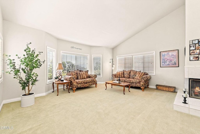 2210 Via Loma, Camarillo, CA 93012 - living room featuring carpet, a glass covered fireplace, and high vaulted ceiling