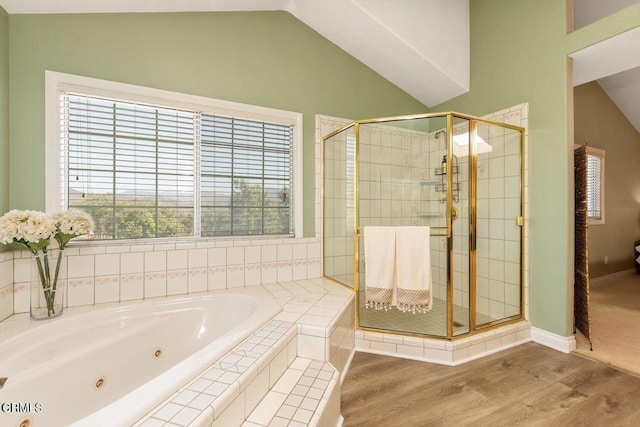 2210 Via Loma, Camarillo, CA 93012 - full bath featuring vaulted ceiling, a whirlpool tub, a shower stall, and wood finished floors