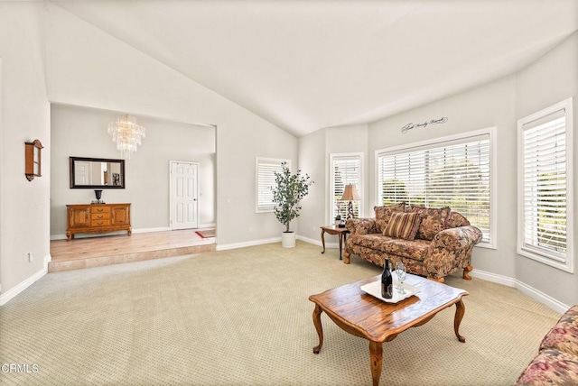 2210 Via Loma, Camarillo, CA 93012 - living room with light colored carpet, vaulted ceiling, and a chandelier