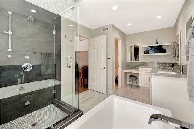 bathroom with a shower stall, vanity, marble finish floor, visible vents, and recessed lighting