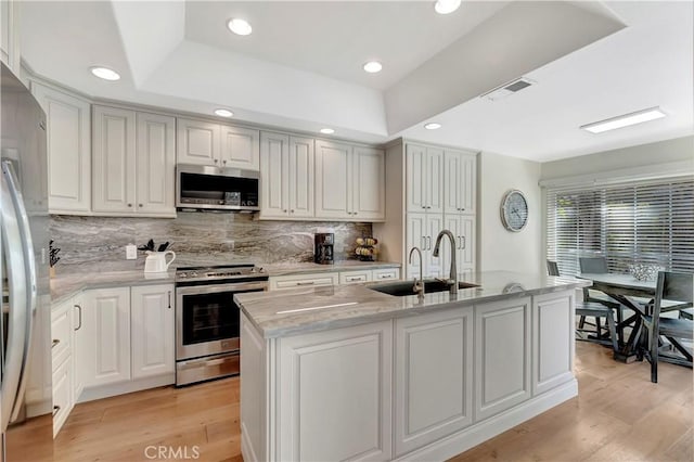 kitchen featuring visible vents, a sink, light wood-type flooring, tasteful backsplash, and appliances with stainless steel finishes